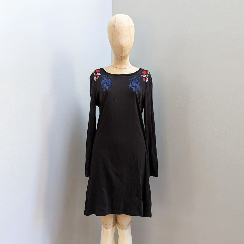 Desigual Ziggy Black Floral Embroidered Long Sleeve Dress Size L